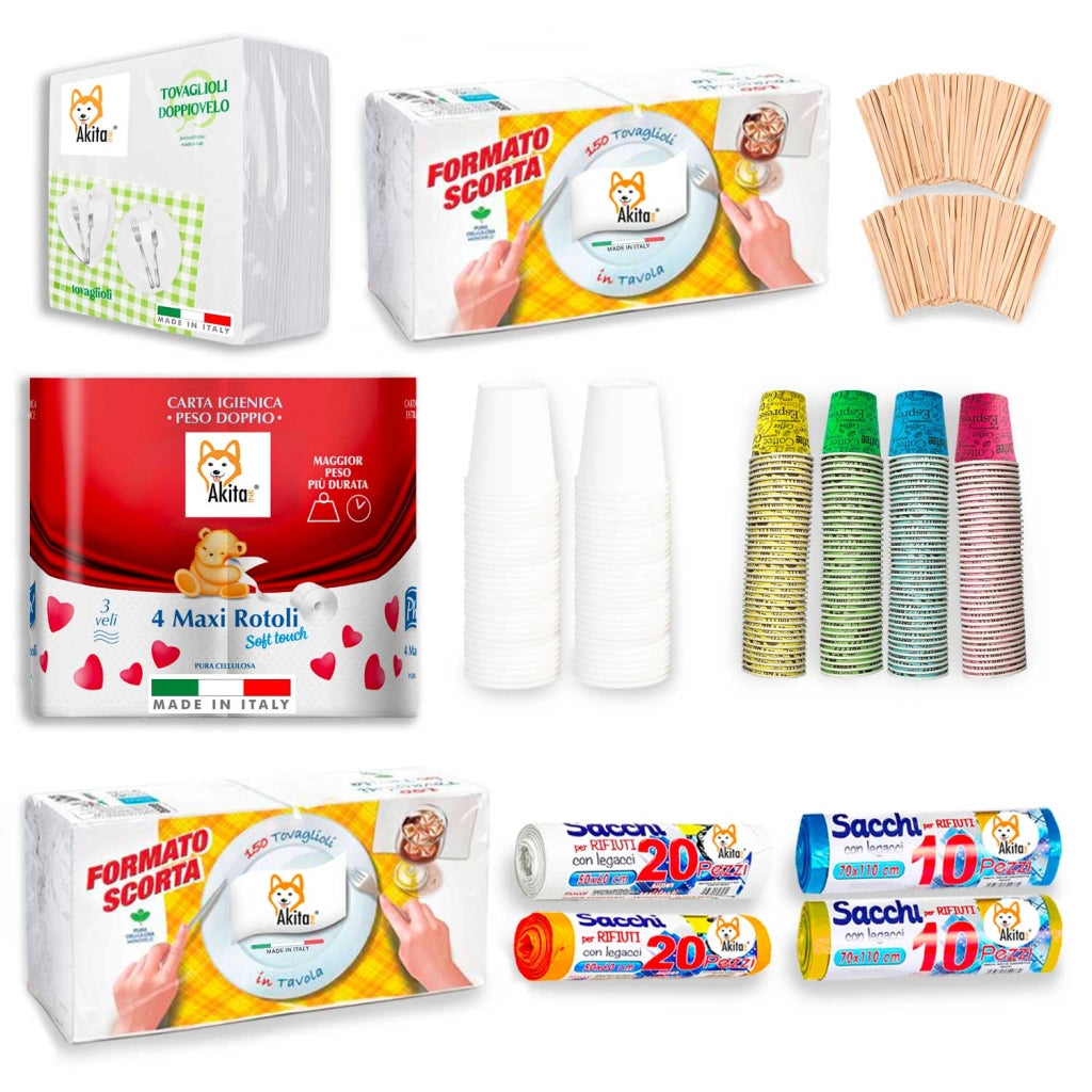 Kit completo Akitaink: tovaglioli, carta igienica e bicchieri