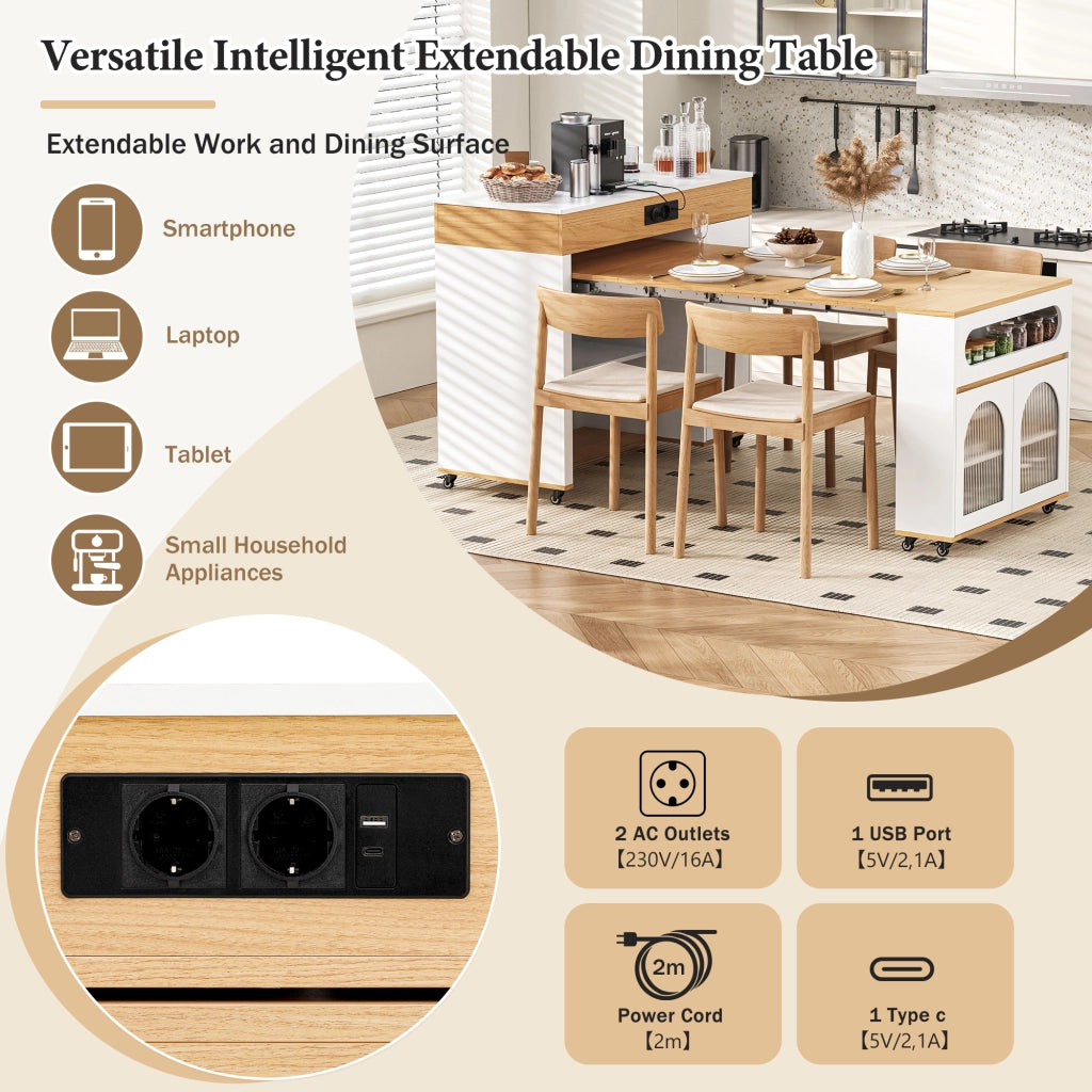 Tavolo allungabile con cassetto e vano contenitore vetrato; per cucina e sala da pranzo; stile moderno