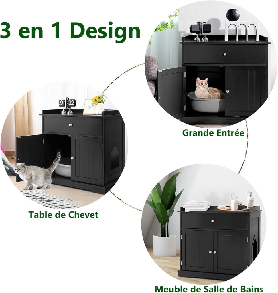 Mobile Lettiera per Gatti con 2 Ante e Cassetto, Armadio per Gatto in Legno con Ingresso Laterale, Grotta Rifugio Multiuso per Soggiorno, Camera da Letto e Ingresso, 76 x 53 x 74 cm (Nero)