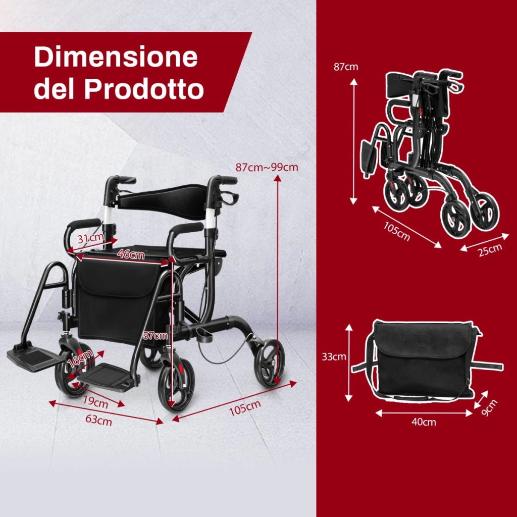 Rollator 2 in 1 per anziani con schienale reversibile manici regolabili ruote da 19,5cm, Deambulatore pieghevole Nero-Salute e bellezza