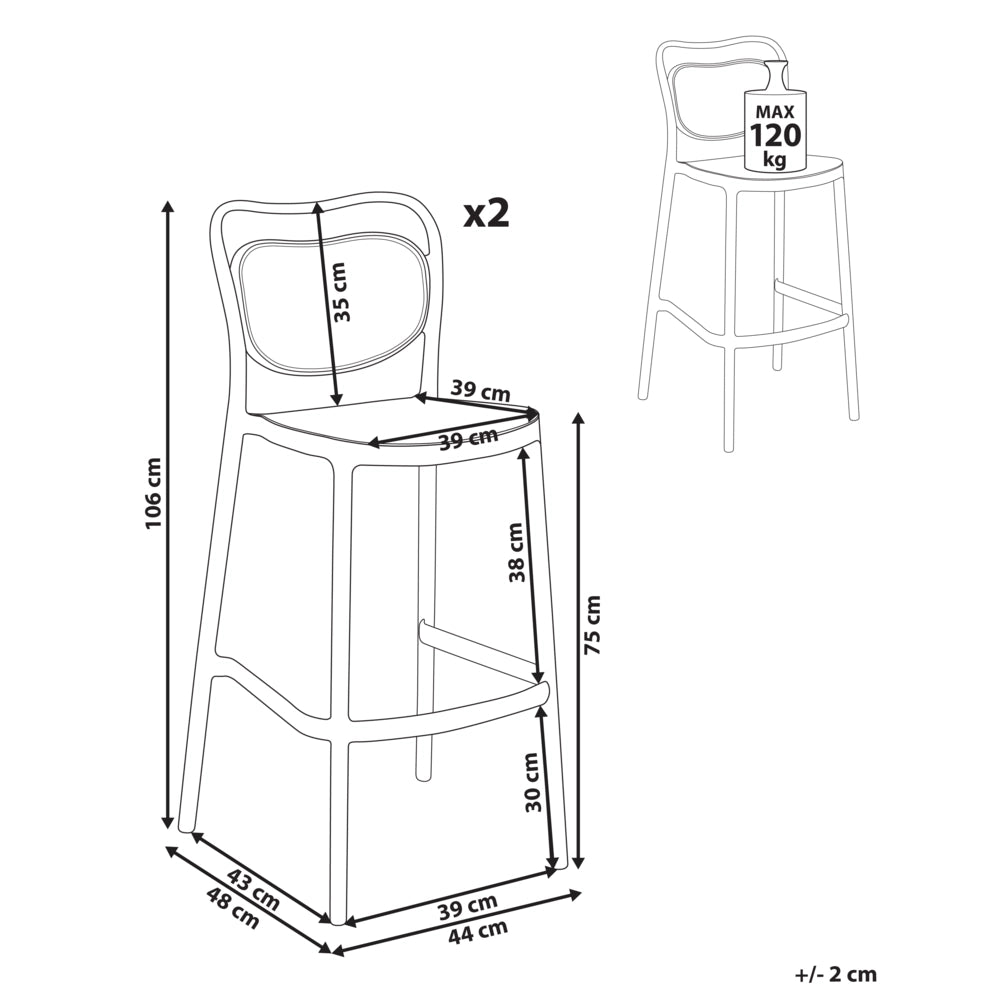 Set di 2 sedie da bar in plastica nera retrò resistenti alle intemperie per uso interno ed esterno
