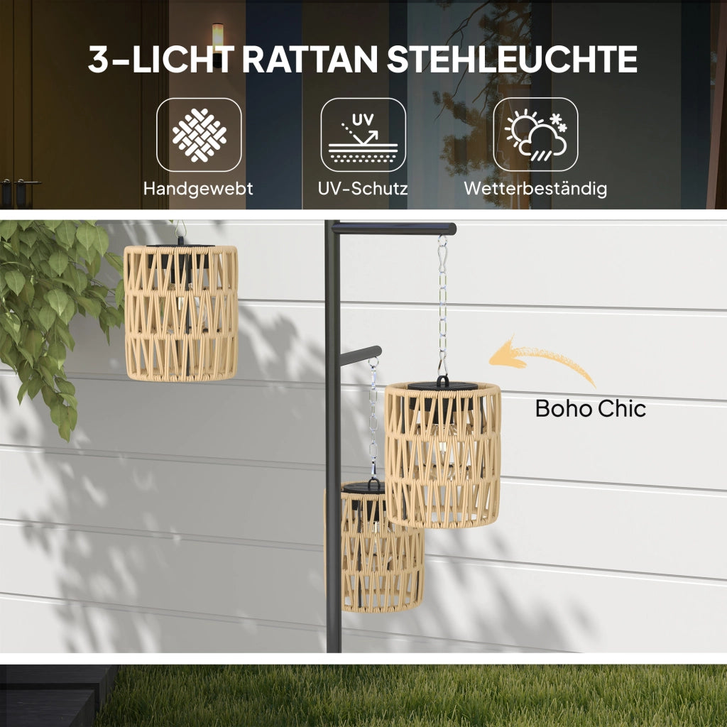 Lampada da terra solare rattan con sensore luce 3 luci automatica stile boho IP44 ¨C Zephmum ¨C Beige 100x30x160
