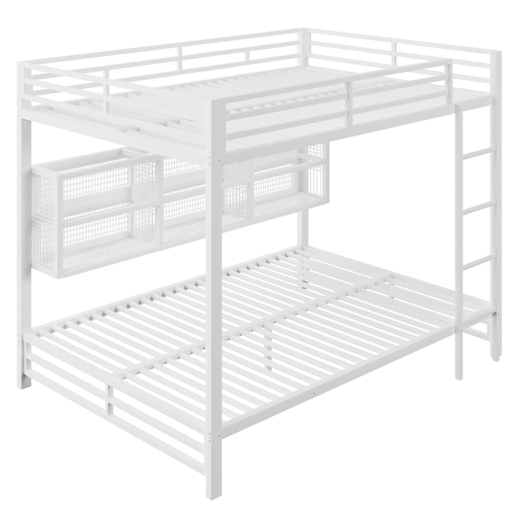 Letto a castello 140x200 cm in metallo bianco con 6 armadietti e LED HAVRYA