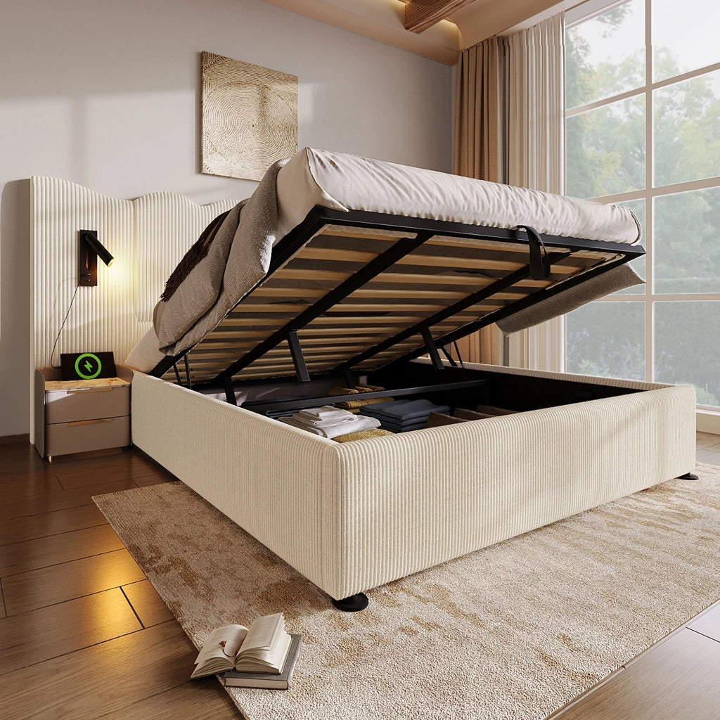 DESMIU Lit coffre 180 × 200 cm 2 posti con lampada da lettura, USB e Type-C, senza materasso, in velluto a coste, beige bianco