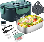 Lunchbox elettrica 4 in 1 12V/24V/220V~240V, 1,5L 60W lunchbox elettrica contenitore alimentare in acciaio inossidabile per auto, camion, ufficio e casa, contenitore alimentare termico con forchetta, cucchiaio e sacchetto isolato