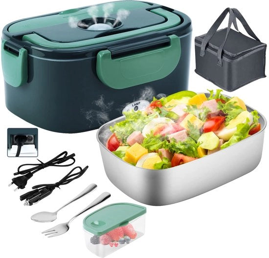 Lunchbox elettrica 4 in 1 12V/24V/220V~240V, 1,5L 60W lunchbox elettrica contenitore alimentare in acciaio inossidabile per auto, camion, ufficio e casa, contenitore alimentare termico con forchetta, cucchiaio e sacchetto isolato