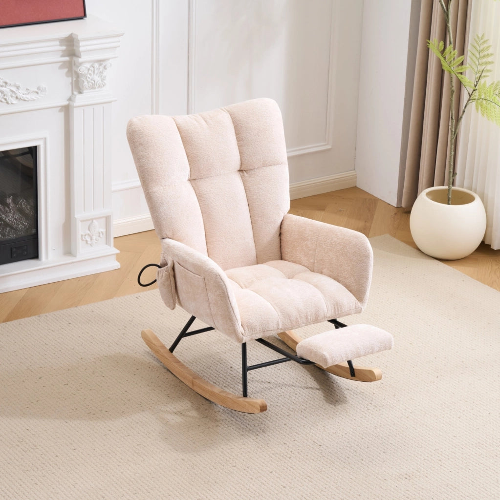 Sedia a dondolo con schienale alto e braccioli in chenille beige
