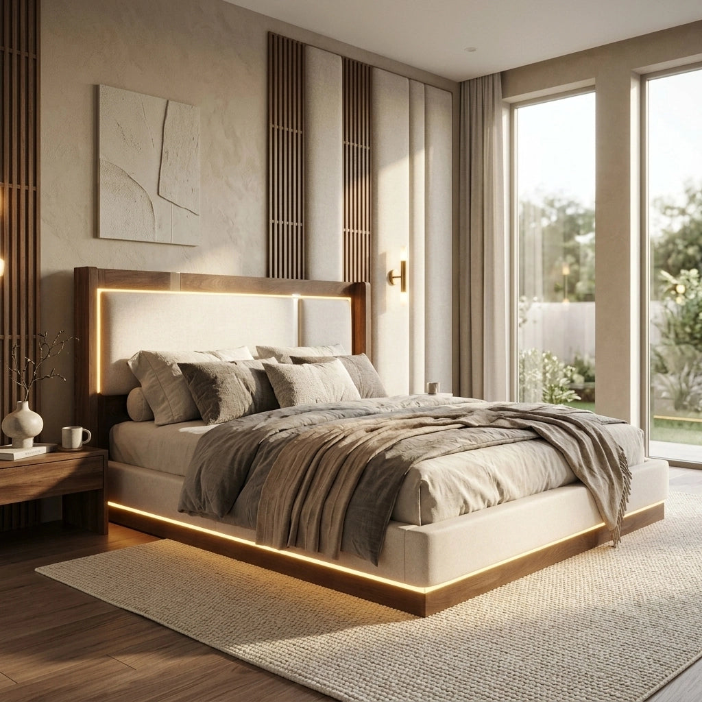Letto matrimoniale 140 × 200 cm con LED e contenitore idraulico, senza materasso, in lino beige