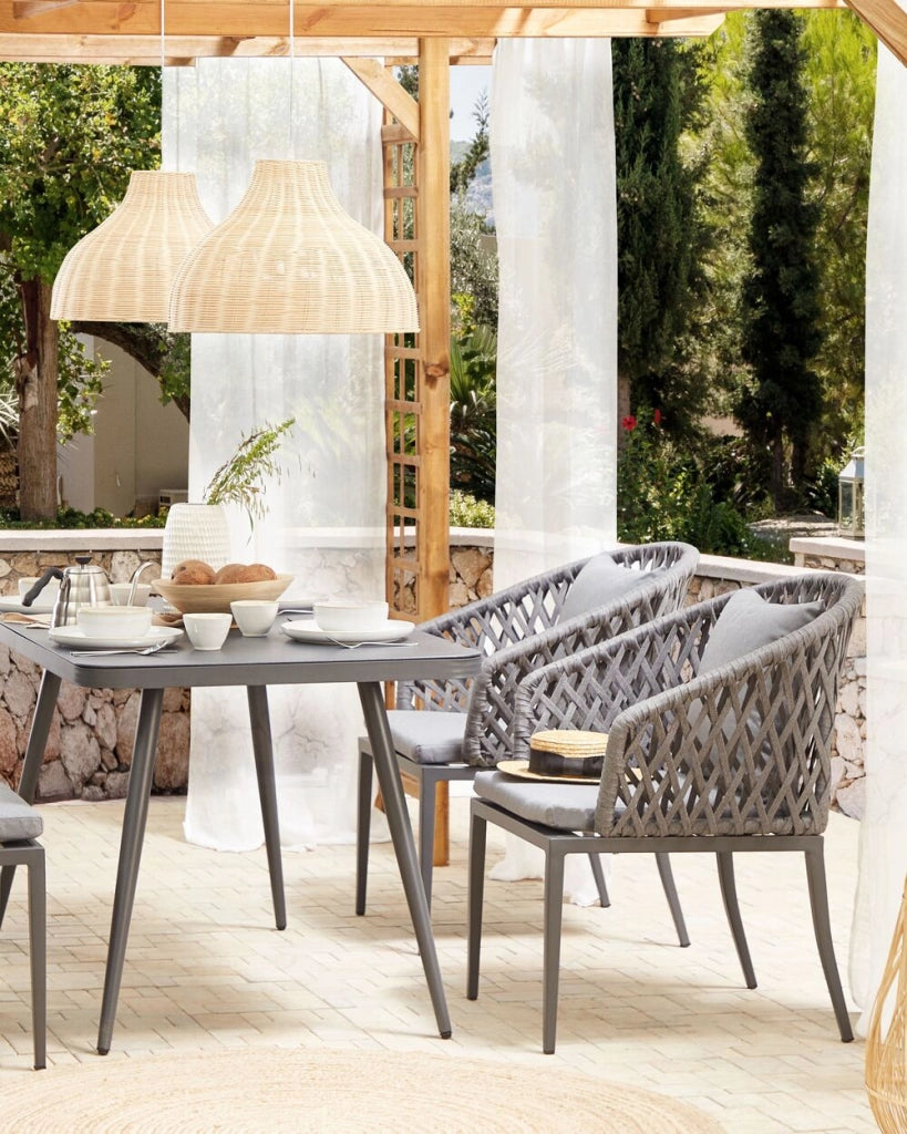 Set di 2 Sedie da Pranzo da Giardino Struttura in Metallo Grigio con Cuscini Intreccio di Corda Design Moderno