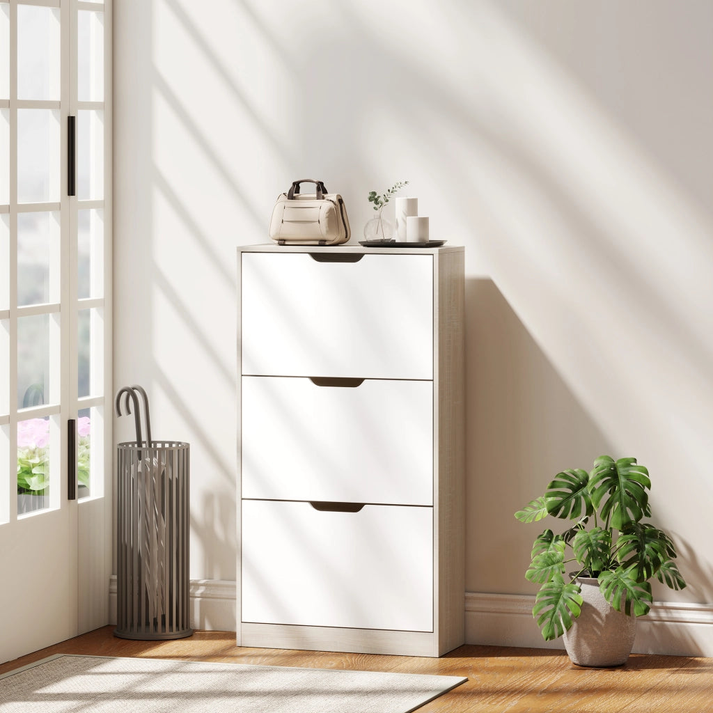 Scarpiera 3 Ante con Appendiabiti ¨C Zephmum ¨C Roble e Bianco 62.5x26x117.5 cm
