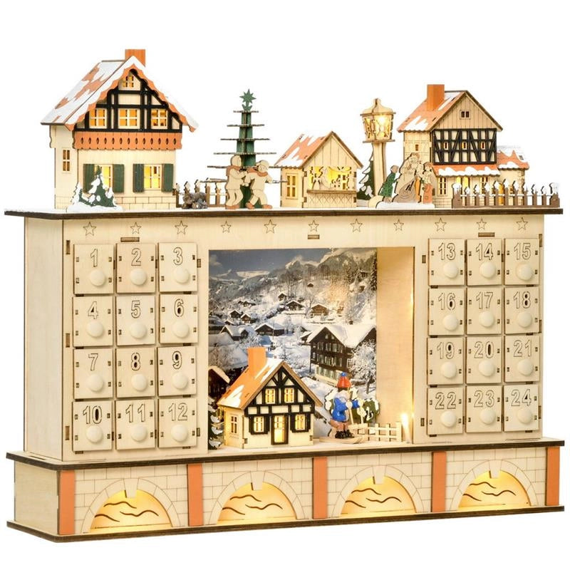 CALENDARIO DELL'AVVENTO IN LEGNO CON 24 CASSETTI DECORAZIONE CON VILLAGGIO DI NATALE E LUCI, 44X10X37CM