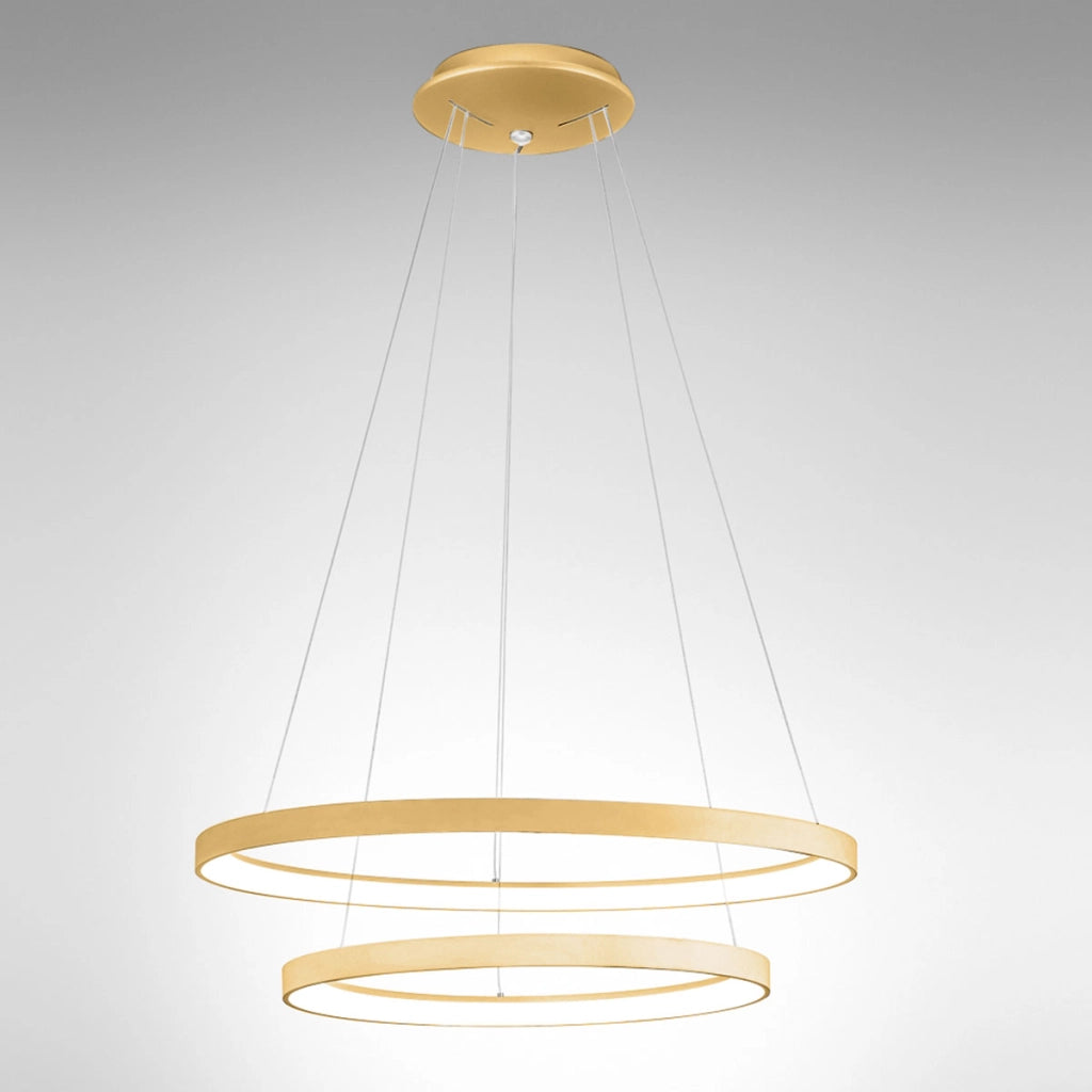 Krizia - Lampada a sospensione led doppia 88W dimmerabile - 6300lm, luce calda 3000K, anelli oro spazzolato, diffusore opale, IP20, d. 60+80 cm