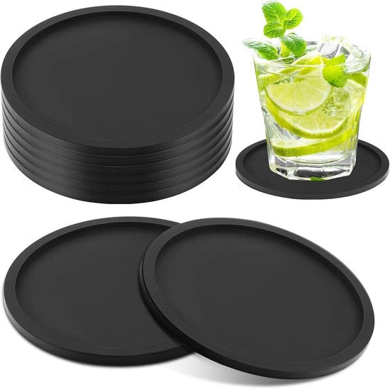 Set di 8 sottopiani in silicone - Progettazione densa - Sottopiani rotondi per bevande, caffè, birra, ecc., nero, 10x10x0,5 cm