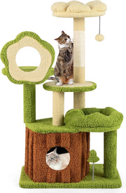Albero per Gatti, Albero Tiragraffi per Gatto con Condominio Tronco, Trespolo a Fiore, Letto Morbido, Pompon, Giocattolo a Molla e Piattaforme, Tiragrafffi per Gatti da Interno