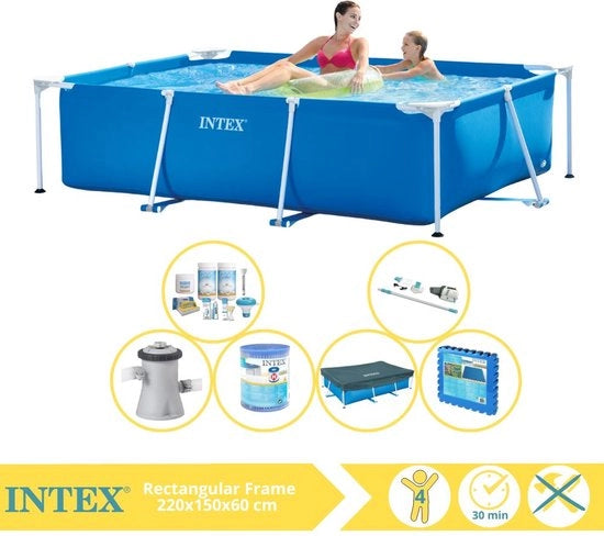 Piscina a forma rettangolare - Piscina da montaggio - 220x150x60 cm - Incluso coperchio, kit di manutenzione, pompa per piscina, filtro, aspiratore e mattonelle per piscina