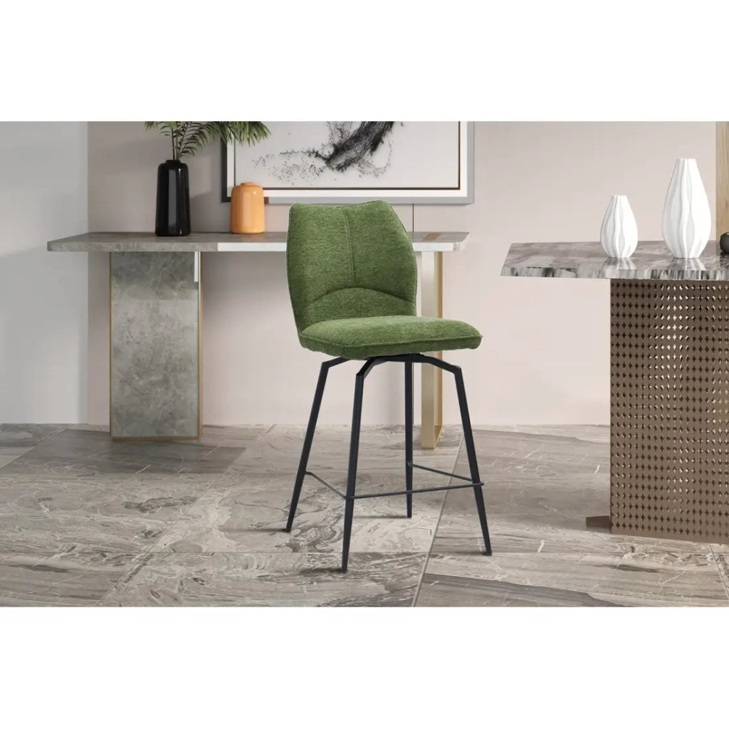 Sedia da bancone girevole CROFT – Tessuto verde – Piedi in metallo nero – Altezza 103 cm – Stile design/industriale