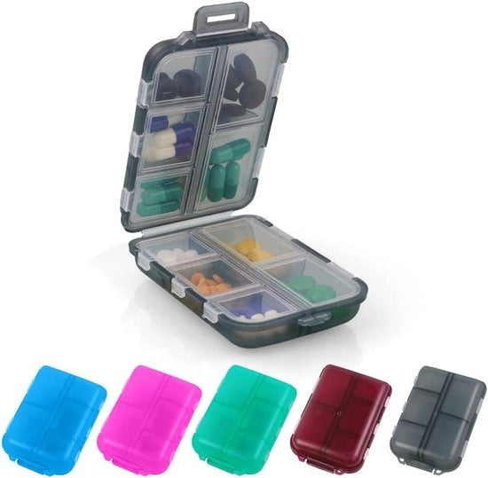 Organizzatore di Pill Box - 1 pezzo di cassetta portatile per medicinali con 10 compartimenti - grigio