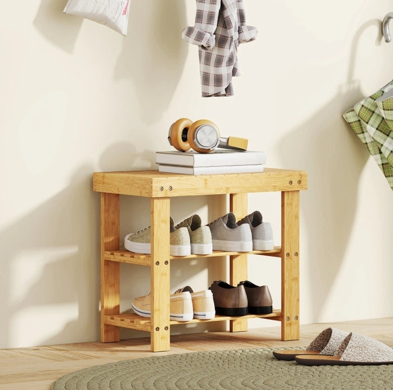 Panca portascarpe 50x28x45 cm naturale in bambù con 2 ripiani