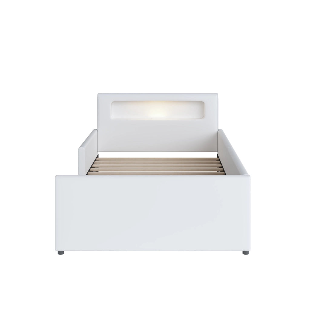 Letto imbottito per bambini 90x200 cm in similpelle bianca con LED; USB e cassetti