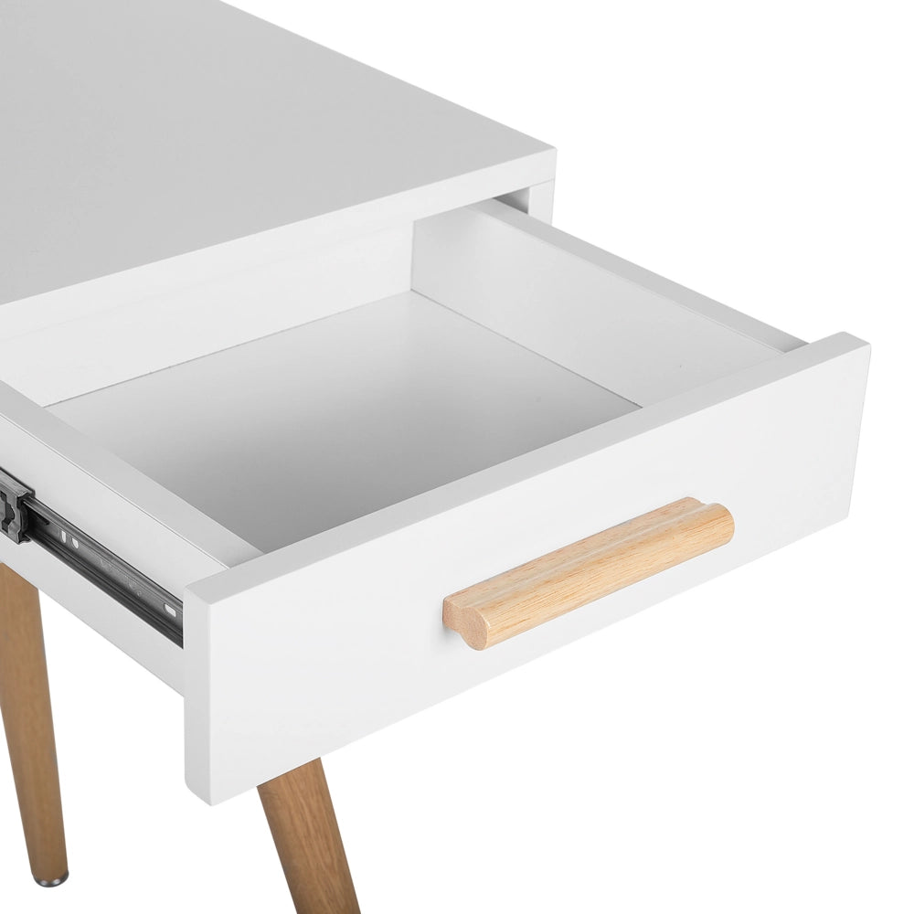 Scrivania Bianca 120 x 45 cm 2 Cassetti Scaffale Gambe in Legno Massello Scandinavo