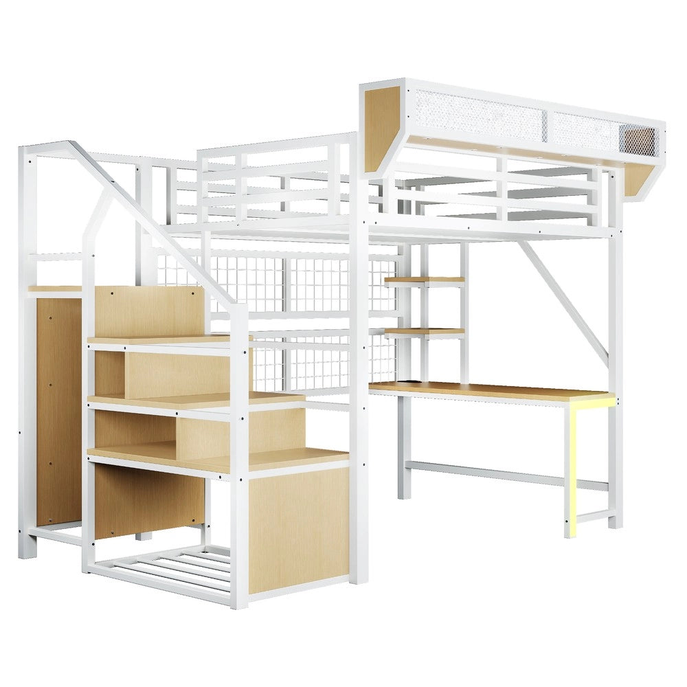 Letto a Soppalco con Scrivania ¨C Xylo ¨C Metallo, LED, Bianco, 140x200