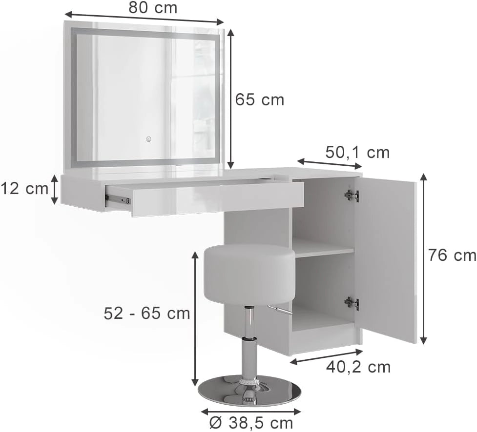 Tavolo da toeletta Sherry, Bianco/bianco lucido, 120 cm 4 parti, con illuminazione LED e specchio integrato