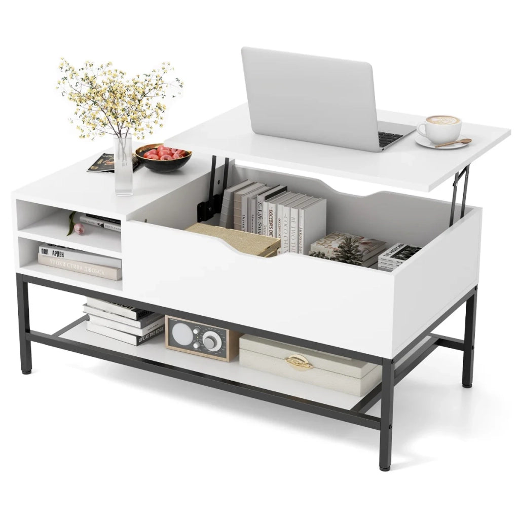 Tavolino da caffè con piano sollevabile 100 x 49,5 x 61 cm con vano portaoggetti nascosto stile industriale legno ingegnerizzato bianco 20_0013818