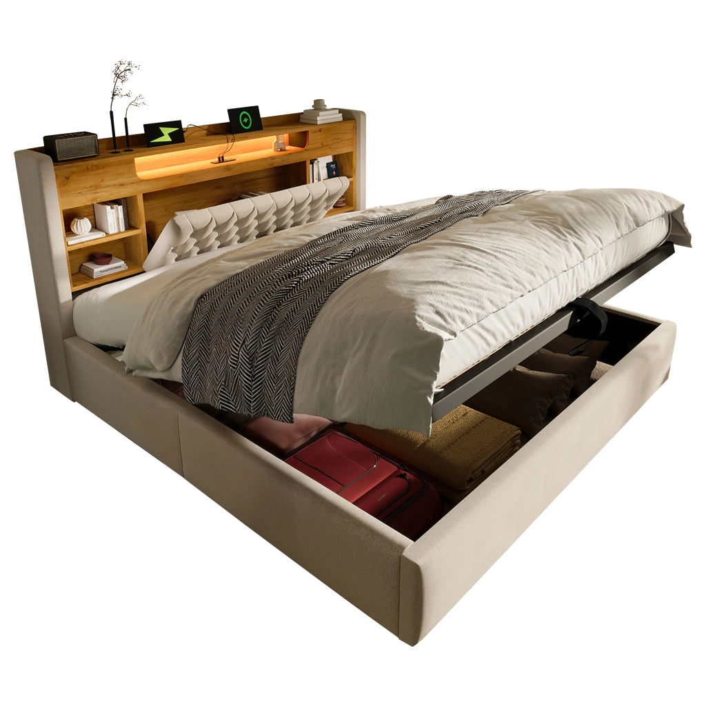 Letto Imbottito Contenitore con LED e USB ¨C MINIMAL ¨C Tessuto Lino Beige 140x200