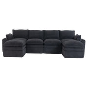 Divano modulare 4 posti in velluto con 2 pouf, cuscini e tasche laterali, schiuma a tre strati con molle, colore nero