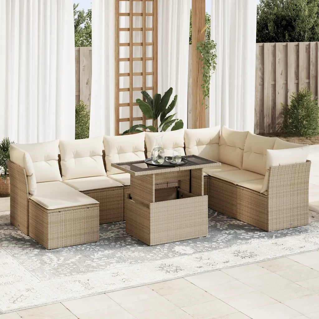 Set Divano da Giardino 9 pz con Cuscini Beige in Polyrattan