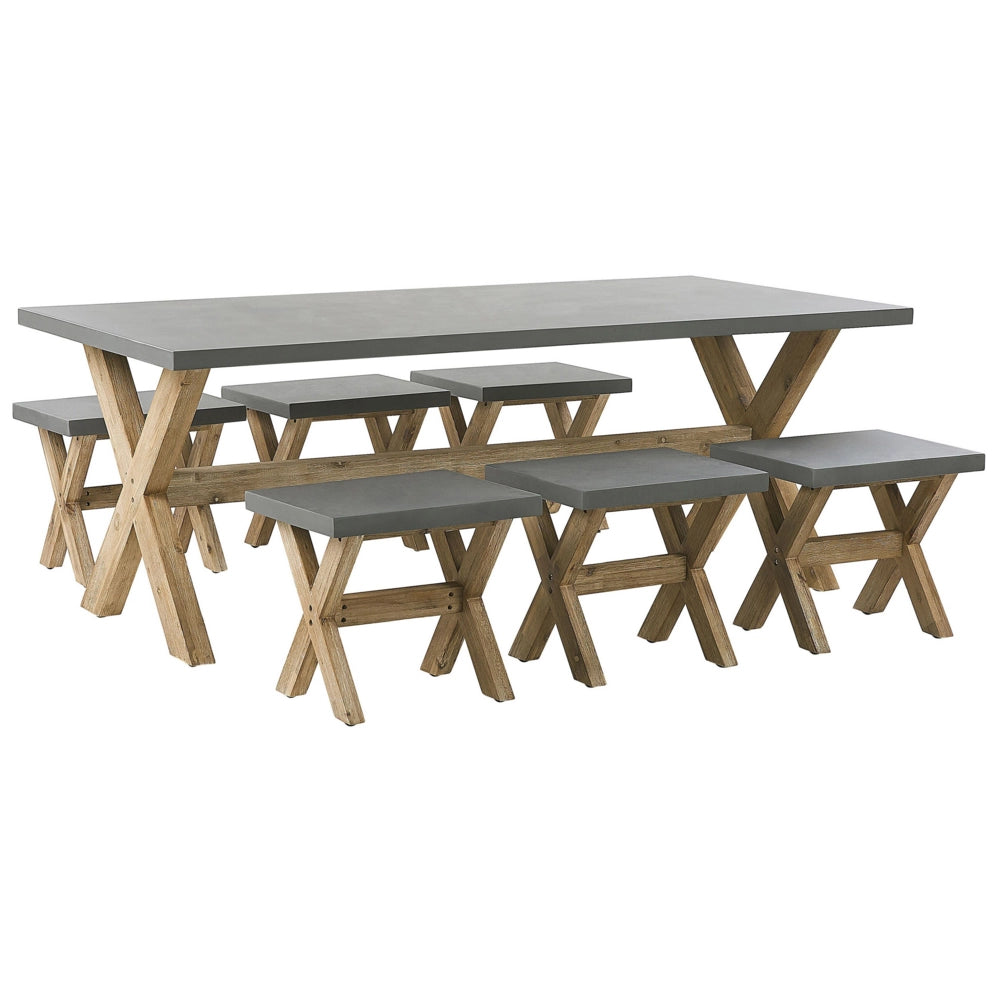 Set da pranzo per esterni grigio chiaro in fibra di legno cemento per 6 persone tavolo e sgabelli dal design moderno