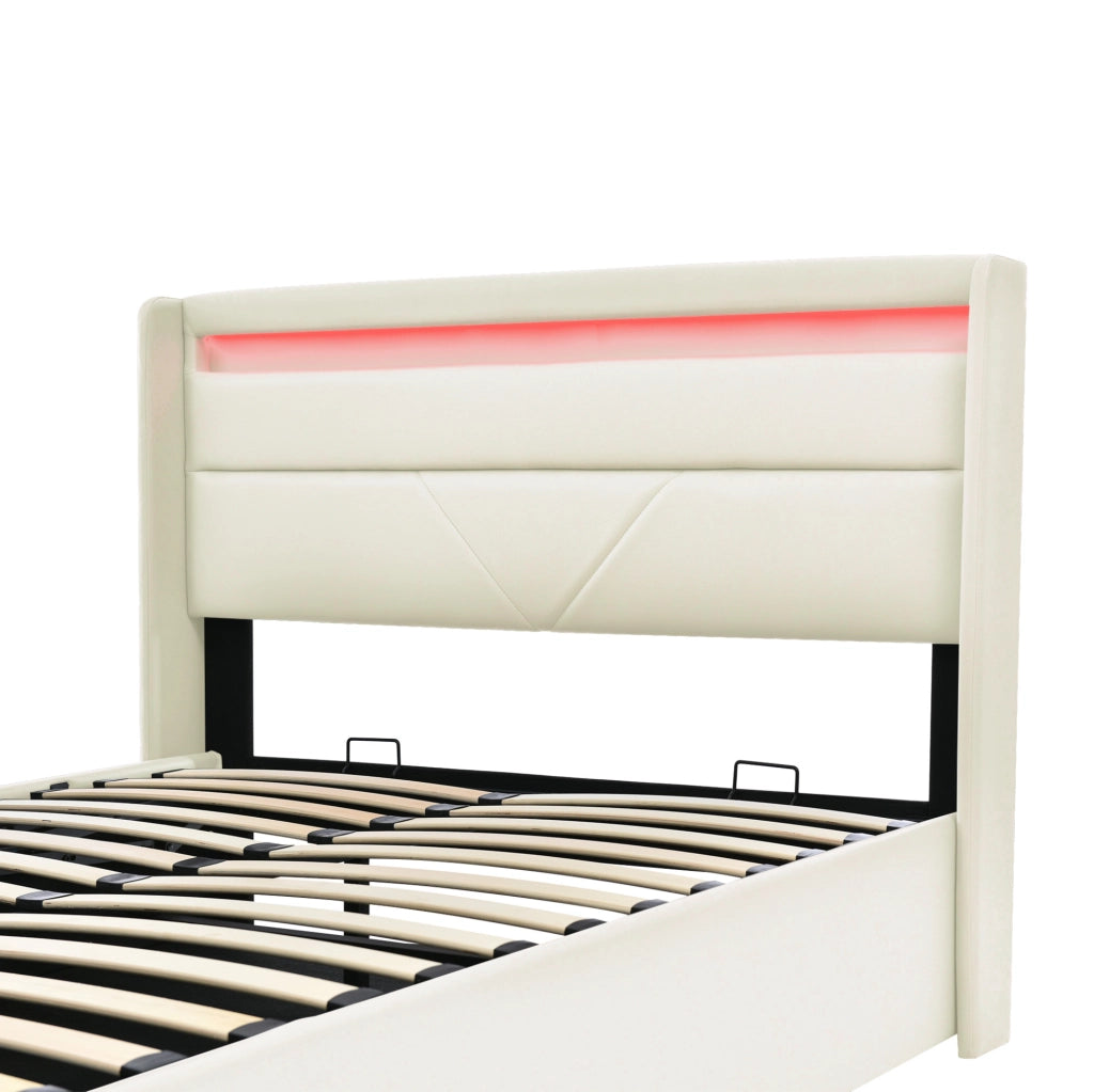 Polsterbett 160x200 cm con contenitore; illuminazione LED; idraulico; bianco in PU
