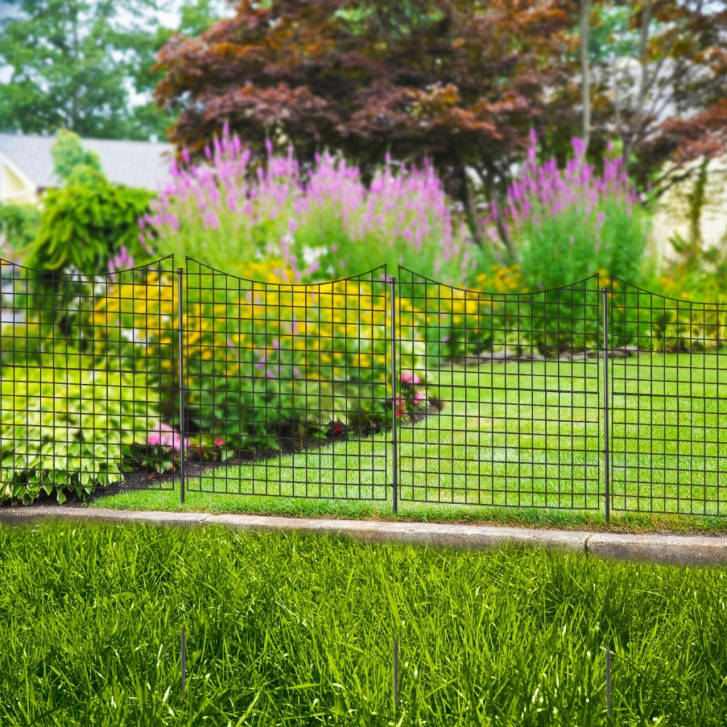 Recinzione da giardino in metallo con 5 pannelli e 5 picchetti, Recinto animali alto 98cm per cani Nero-Decorazioni da giardino