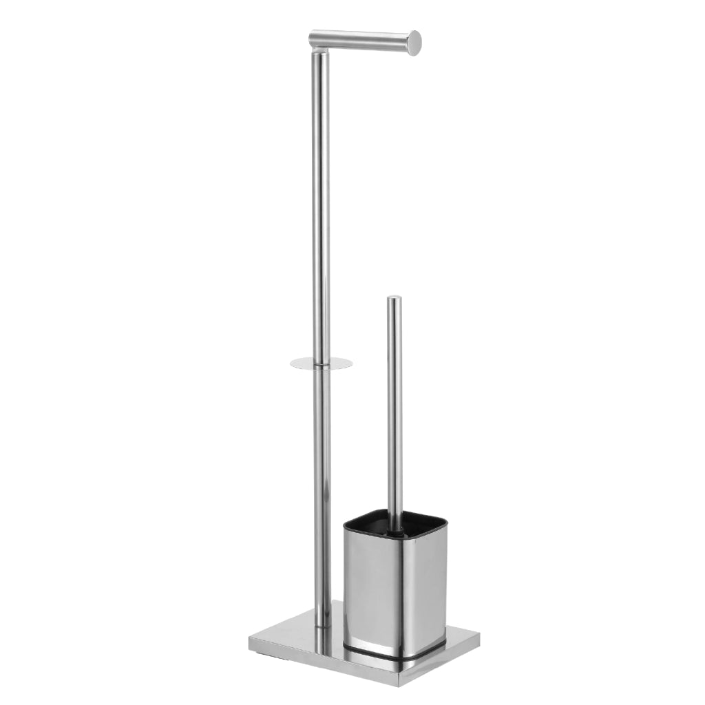 Accessori Bagno da Terra in Acciaio Inox – Piantana Porta Rotolo Carta Igienica con Scopino Water / Porta Salviette Multibraccio – Design Moderno Antiruggine, Base Stabile, Facile da Pulire Modello Enea