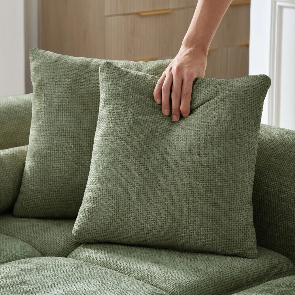 Divano angolare in chenille verde con seduta a molle e schiuma ad alta densità