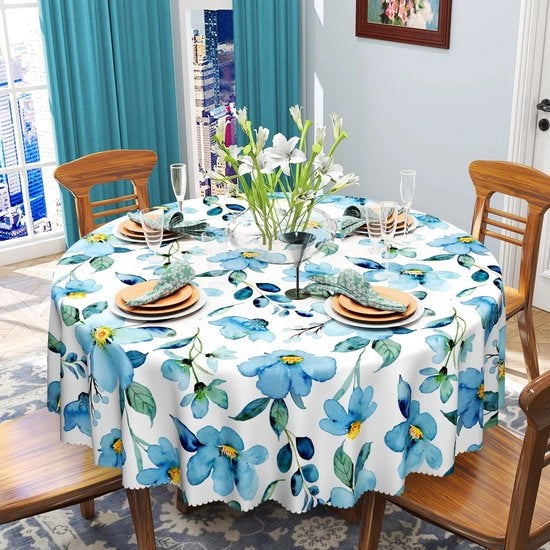 Tavolo da Cucina Rond 150 cm, Tavolo da Giardino in Poliestere, Impermeabile, Resistente al Tempo, con Fiori Blu, per Esterno, Tavolo per Giardino, Tavolo per Cucina, Tavolo per Pranzo, Tavolo per Festa, 150 cm