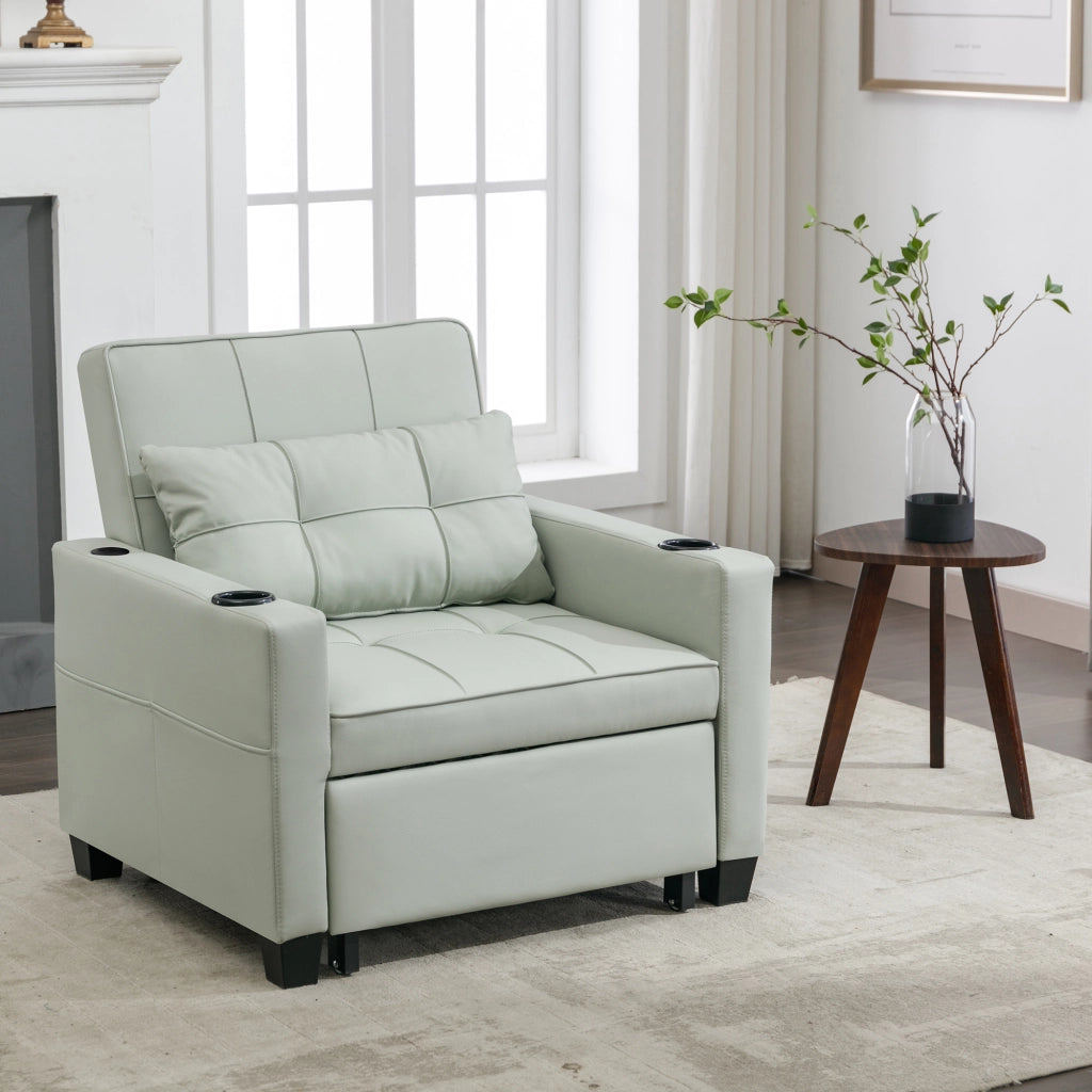 Divano letto singolo 3 in 1 con portabicchieri tasca laterale e schienale regolabile in PU e metallo verde chiaro