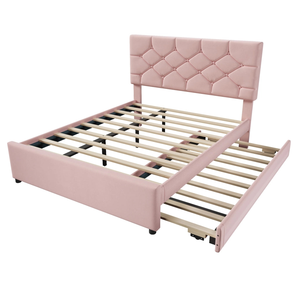 Letto imbottito 140x200 cm con rete a doghe e letto estraibile, rosa