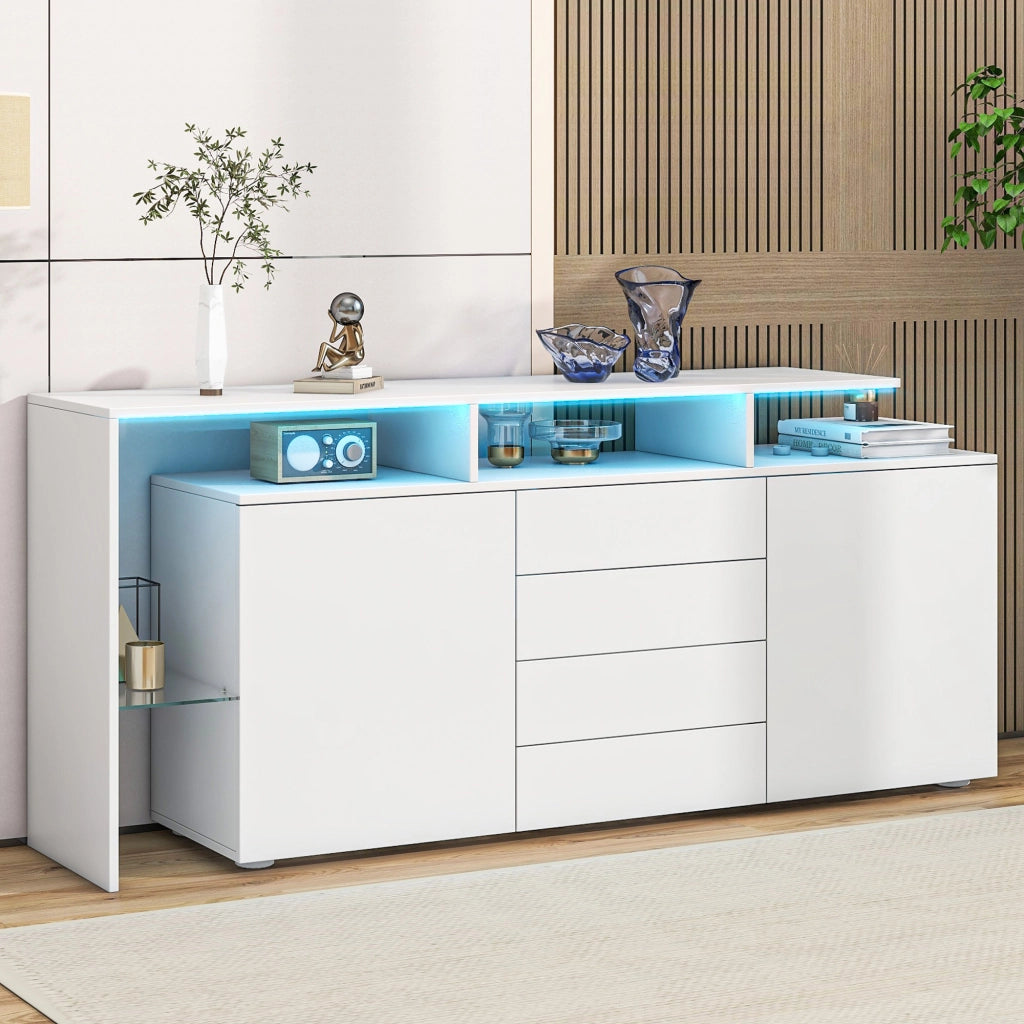 Credenza LED 2 ante 4 cassetti 1 nicchia per soggiorno, bianco, 160 × 35 × 70 cm