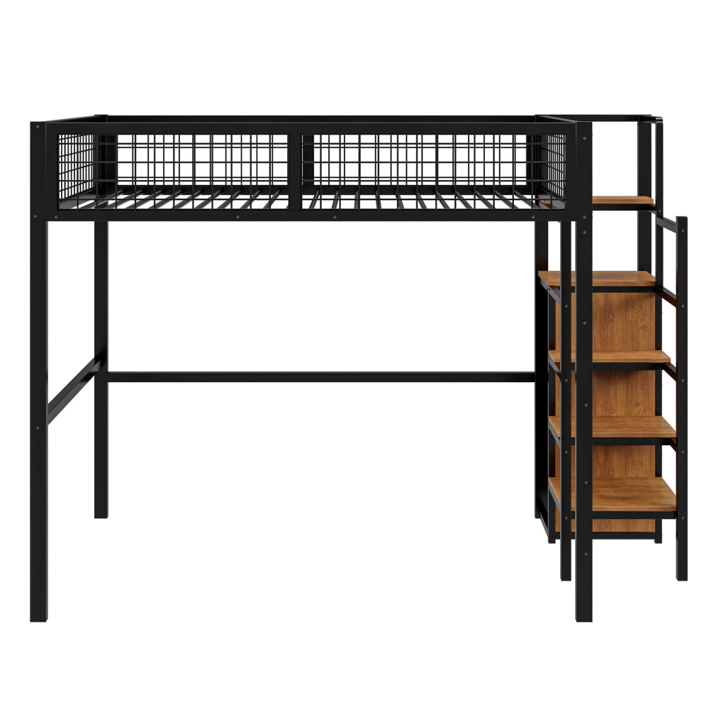 OKWISH Letto a Soppalco 140×200 cm, Letto Matrimoniale con Scala, Mensole e Armadio, senza Materasso, in Metallo, Nero