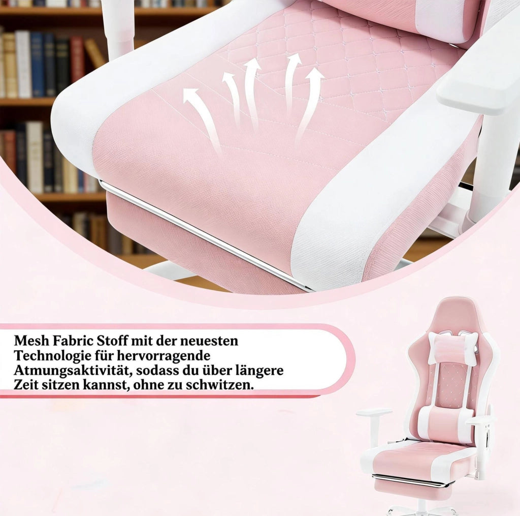 Sedia da ufficio ergonomica rosa e bianca con massaggio