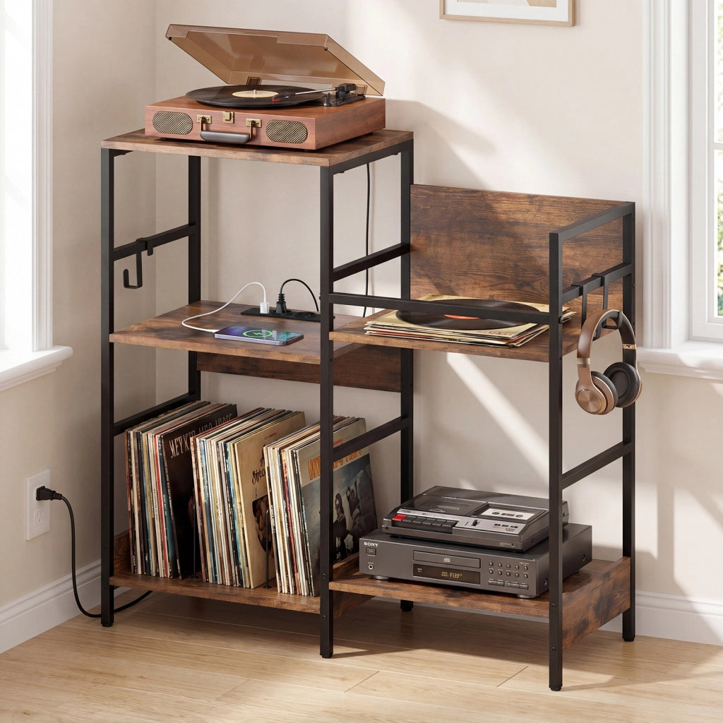 Mobile per giradischi con 3 ripiani scomparto ripiano porta vinili e 3 ganci, Supporto per vinile con stazione di ricarica