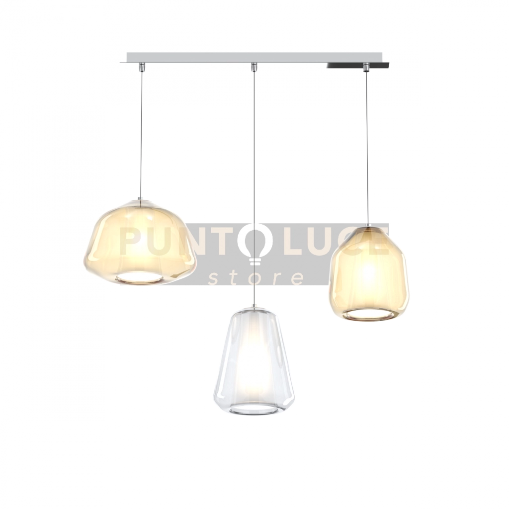 SOSPENSIONE CROMO 3 LUCI RETTANGOLARE VETRI ALPHA AM + BETA AM + GAMMA TR 1176CR-S3 R ABG-TA