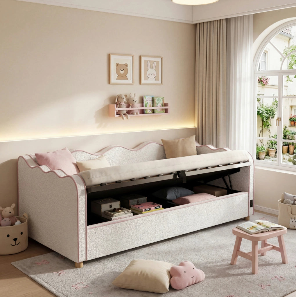 Letto imbottito ULEVR 90x200 cm con contenitore idraulico, USB e Type-C, boucl¨¦ beige