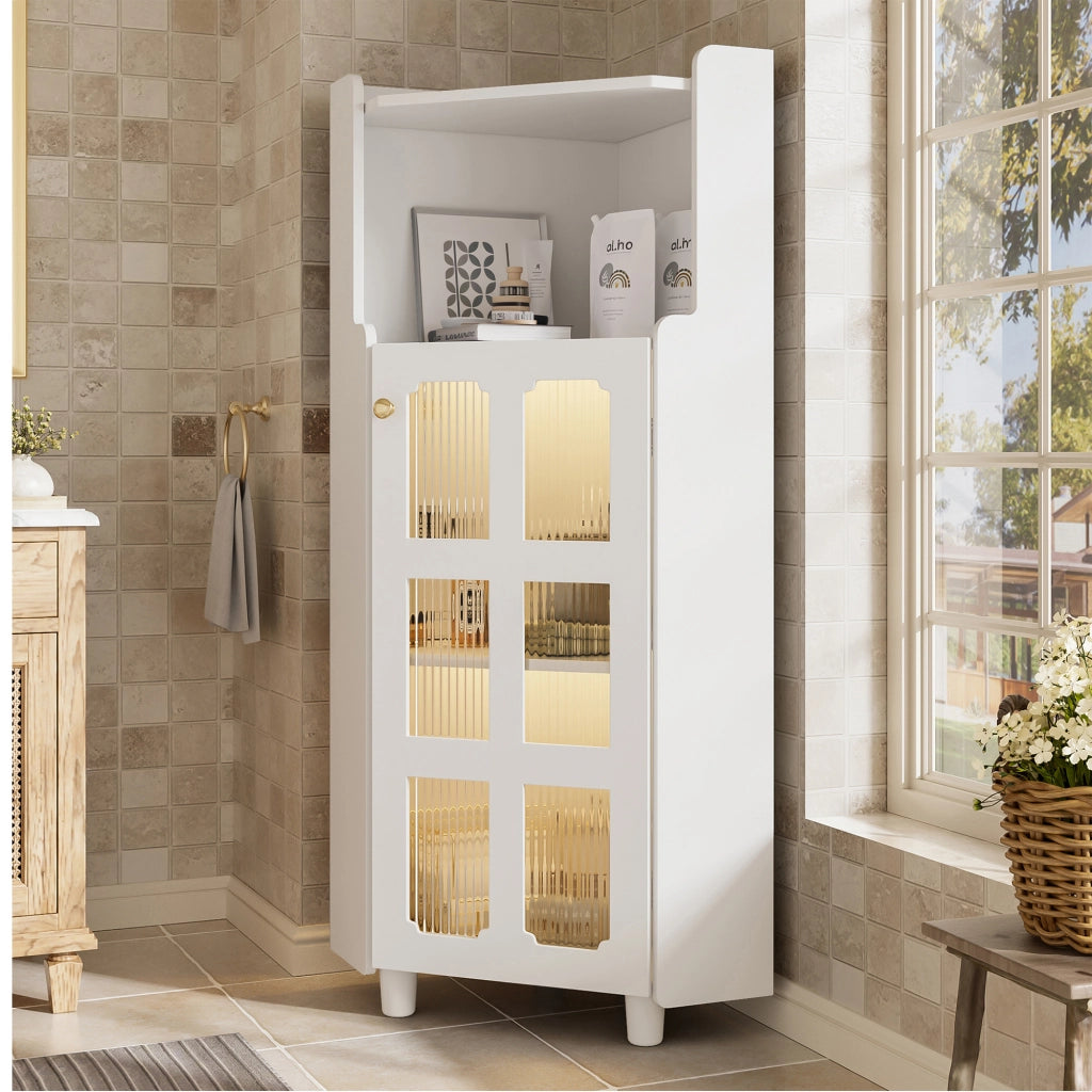 Mobile angolare con LED e 1 vano aperto, armadietto in vetro a 2 livelli, per soggiorno, bagno e cucina, in MDF, bianco, 63,5 × 124 cm