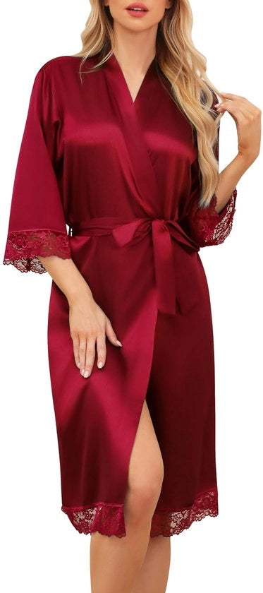 Badjas Unisex Zijde Kimono con V-collare per Spa, Hotel, Casa e Bagno, colore Rosso