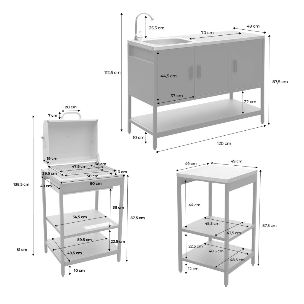 Cucina da esterno, 3 moduli e barbecue a carbone, verde