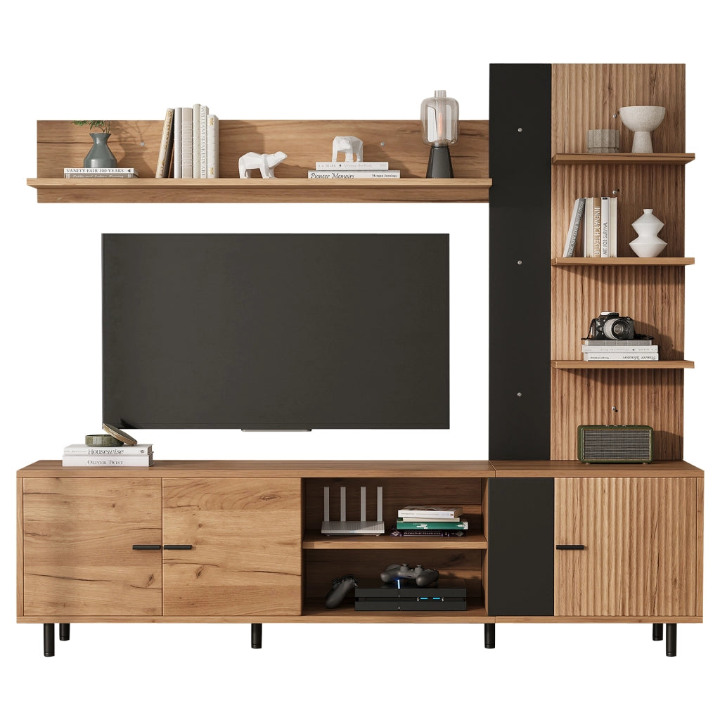 Parete TV con 3 vani chiusi e ripiani aperti, 187,5 x 40 x 167 cm, legno e nero