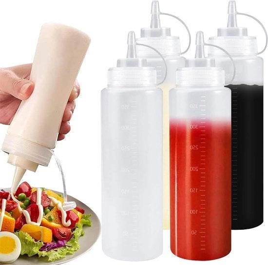 Set di 4 flaconi per condimenti - 350 ml - Con coperchi - In vetro trasparente - Per salse e condimenti
