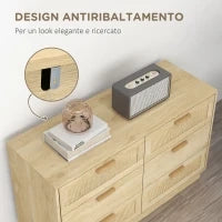 Cassettiera 6 Cassetti Stile Boho per Camera e Ingresso in Legno e Rattan, 110x40x69 cm, Rovere